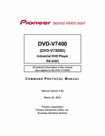 Pioneer DVD-V7400 Command Protocol Manual